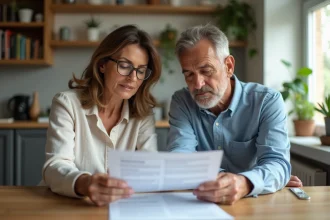 Couple d'adultes examine des documents immobiliers dans un salon chaleureux