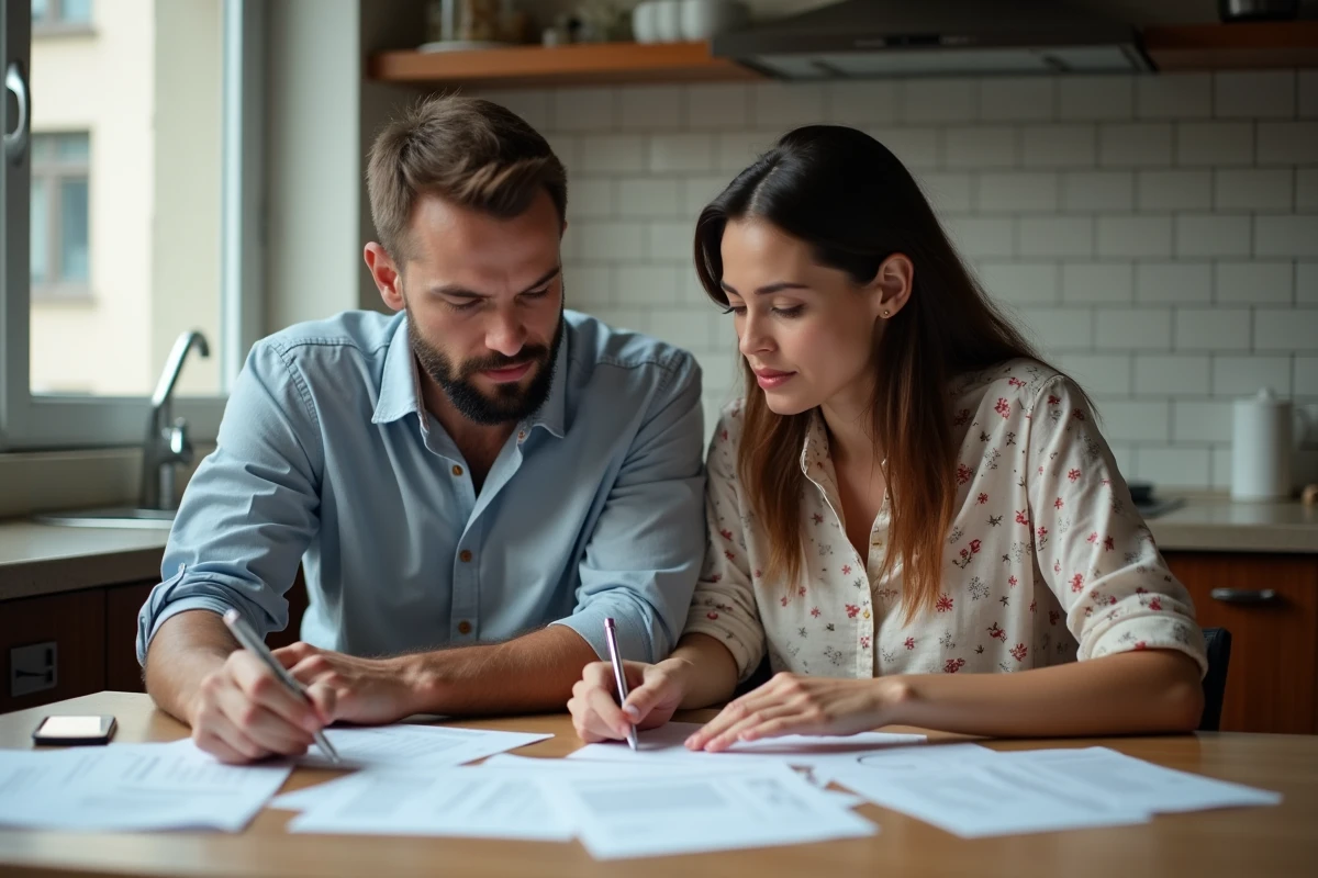 Un jeune couple remplit ensemble un dossier de demande de logement social à leur domicile, espérant un avis favorable de la commission d'attribution