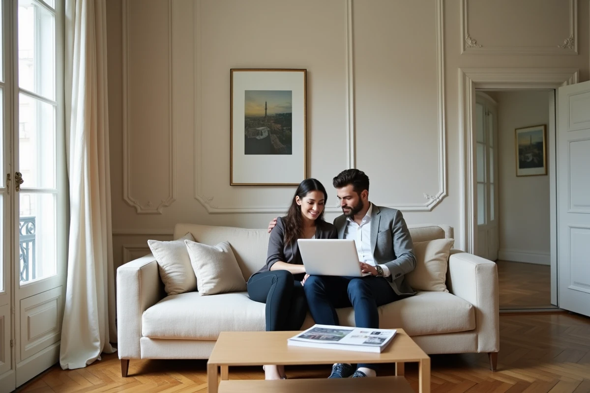 Couple consultant une estimation immobilière gratuite en ligne dans un appartement haussmannien de luxe