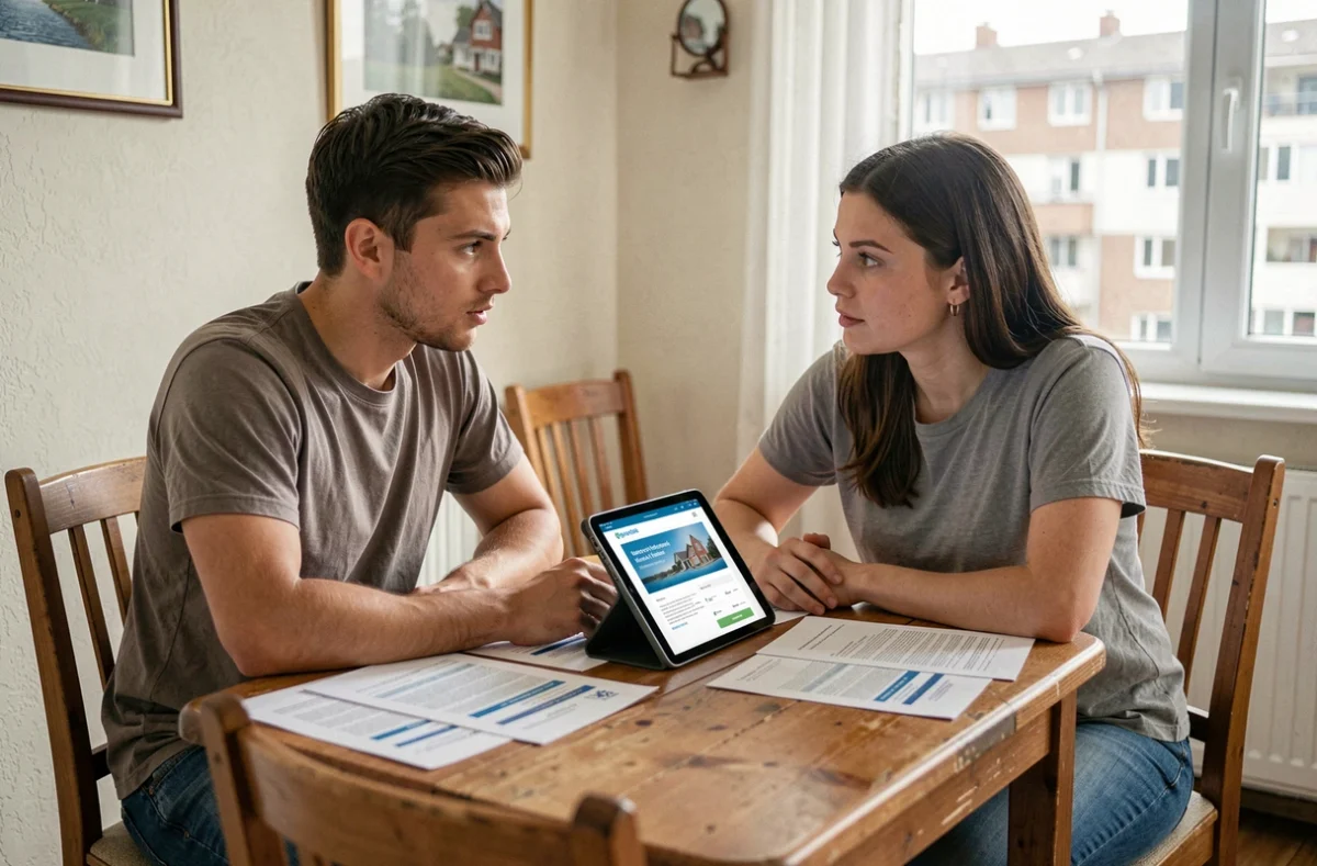 Couple étudiant des documents d'assurance habitation pas chère ensemble autour d'une table avec une tablette