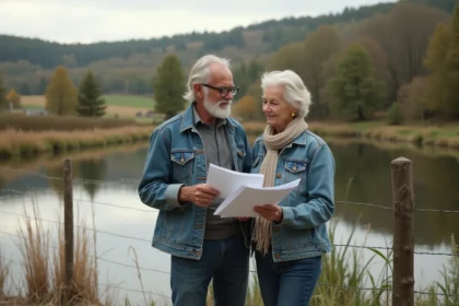 Couple d'adultes examine documents près d'un étang paisible