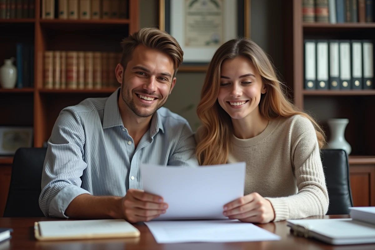 Jeune couple en rendez-vous administratif examinant les nouvelles exigences d'une lettre de garant locatif