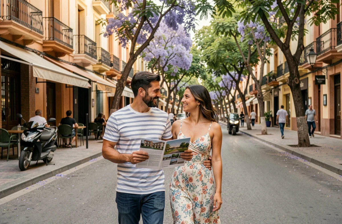 Couple d'expatriés se promenant dans le quartier Guéliz à Marrakech avec une brochure immobilière, avenue animée bordée d'arbres
