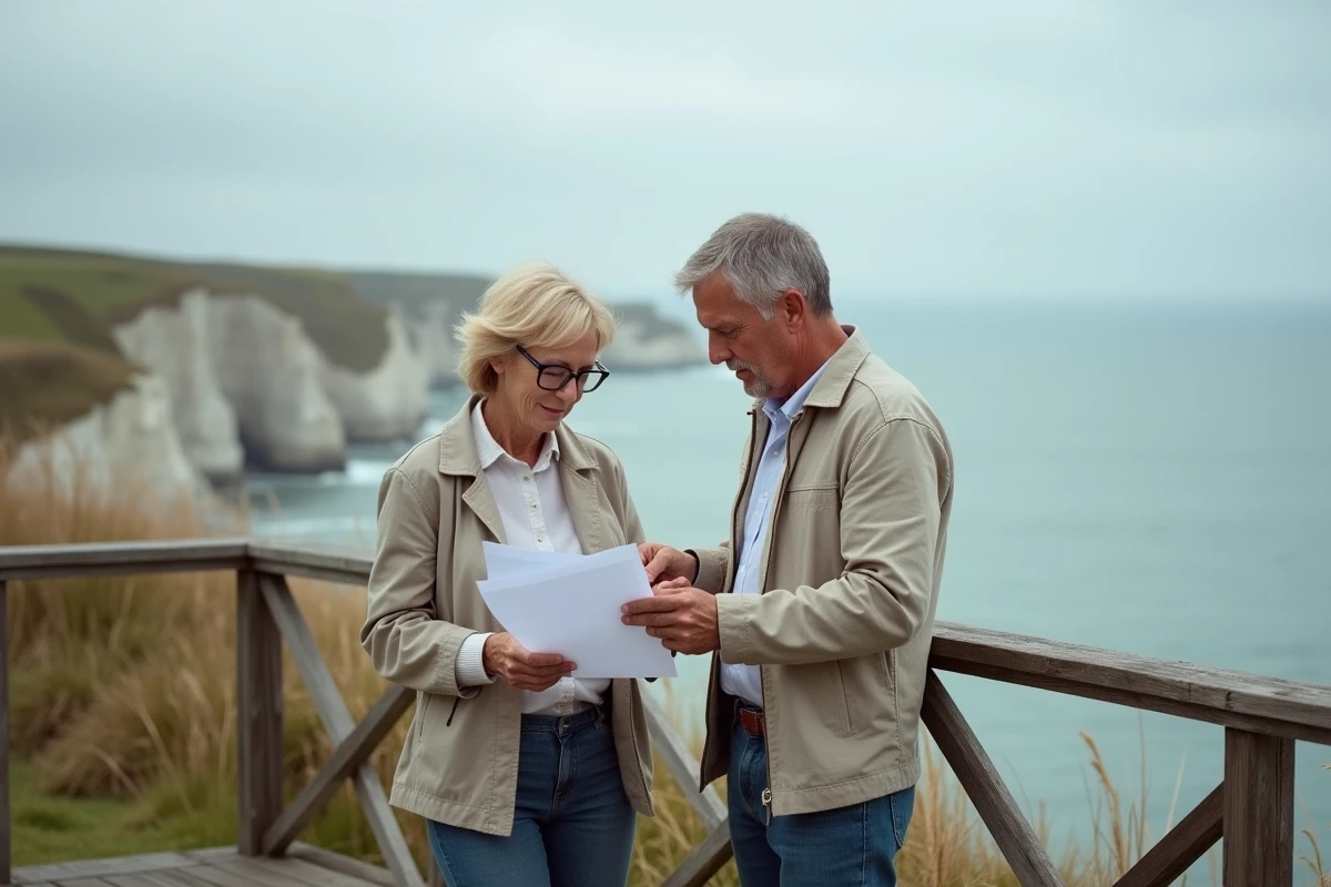 Couple étudiant la fiscalité immobilière sur une terrasse en bord de falaise normande