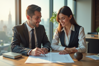 Jeune couple professionnel examine documents immobiliers