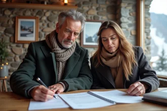 Couple d'adultes dans un bureau alpin examinant des documents immobiliers