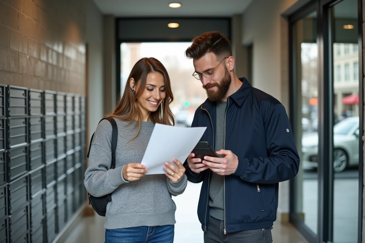 Couple de nouveaux locataires Foncia consultant les documents de leur bail et l'application MyFoncia dans le couloir de leur immeuble