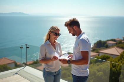 Couple en terrasse regardant des documents immobiliers avec vue mer