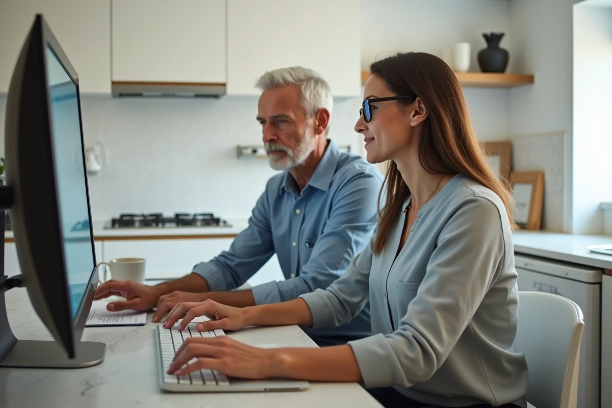 Couple de propriétaires consultant ensemble leur espace de gestion immobilière sur un ordinateur de bureau dans une cuisine