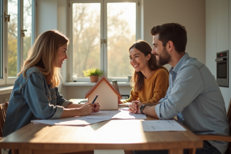 Jeune couple planifiant la rénovation de leur maison avec un conseiller