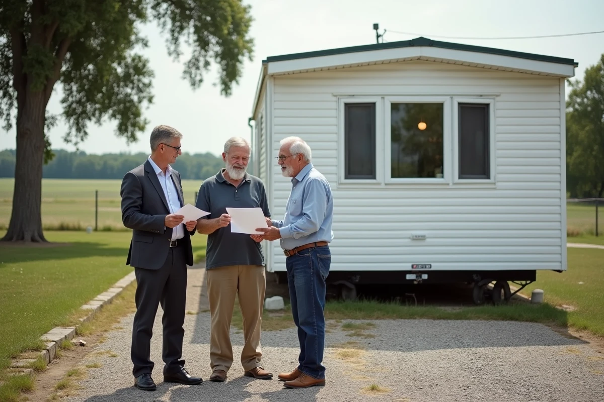 Couple retraité avec agent immobilier devant mobile home
