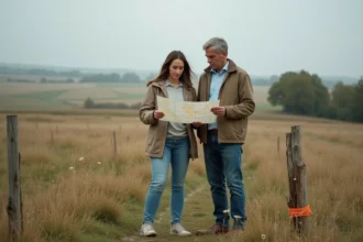 Couple étudiant un plan cadastral sur un terrain non constructible en zone rurale