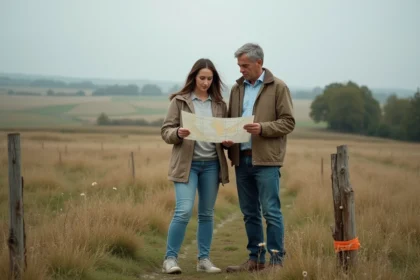 Couple étudiant un plan cadastral sur un terrain non constructible en zone rurale
