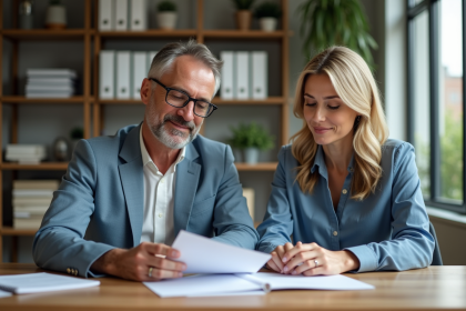 Couple d'adultes en réunion d'assurance dans un bureau moderne