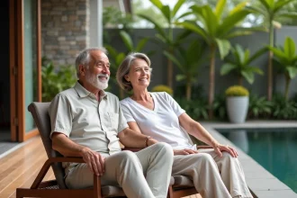 Couple européen détendu sur terrasse de villa thaïlandaise
