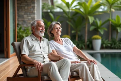 Couple européen détendu sur terrasse de villa thaïlandaise