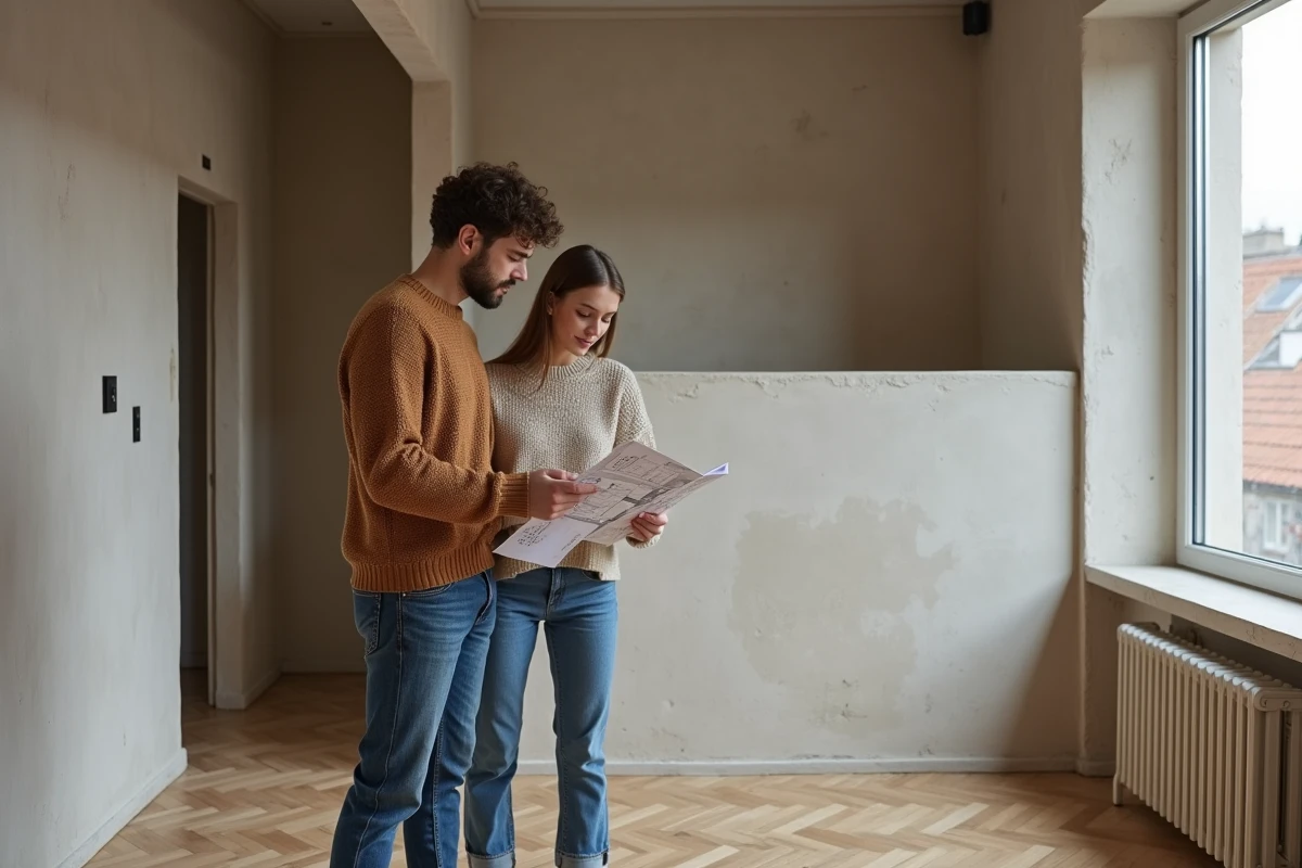 Couple visitant un appartement T1bis vide avec séparation de la zone nuit et séjour