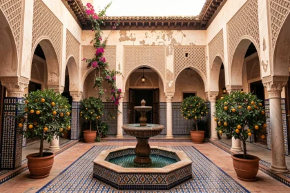 Cour intérieure d'un riad traditionnel à Marrakech avec fontaine en zellige, arches en stuc sculpté et végétation méditerranéenne luxuriante