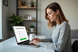 Femme créant son espace client MyFoncia sur un ordinateur portable dans un bureau à domicile moderne