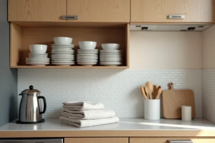 Cuisine équipée d'un appartement en location meublée courte durée avec vaisselle, ustensiles et électroménager essentiels