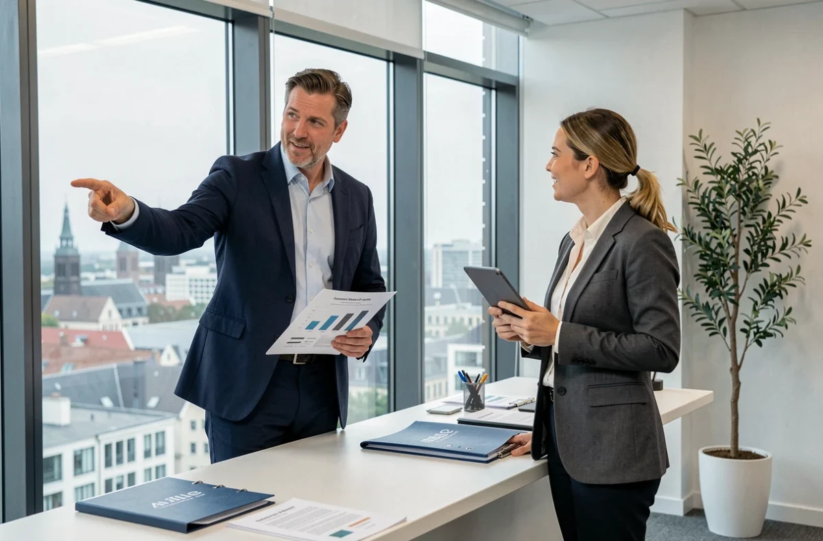 Consultant en immobilier tertiaire de Cushman and Wakefield Lille analysant le marché avec une collègue devant une vue panoramique sur la ville