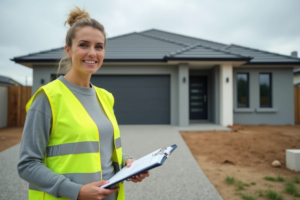 Femme avec gilet de sécurité tenant un dossier de déclaration de fin de chantier devant une maison neuve terminée