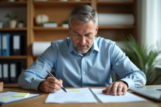 Homme en chemise bleue remplissant une déclaration de fin de chantier sur un bureau en bois avec des plans architecturaux en arrière-plan