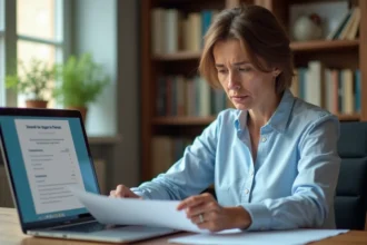 Femme consultant des documents de déclaration de loyer CAF sur son bureau à domicile