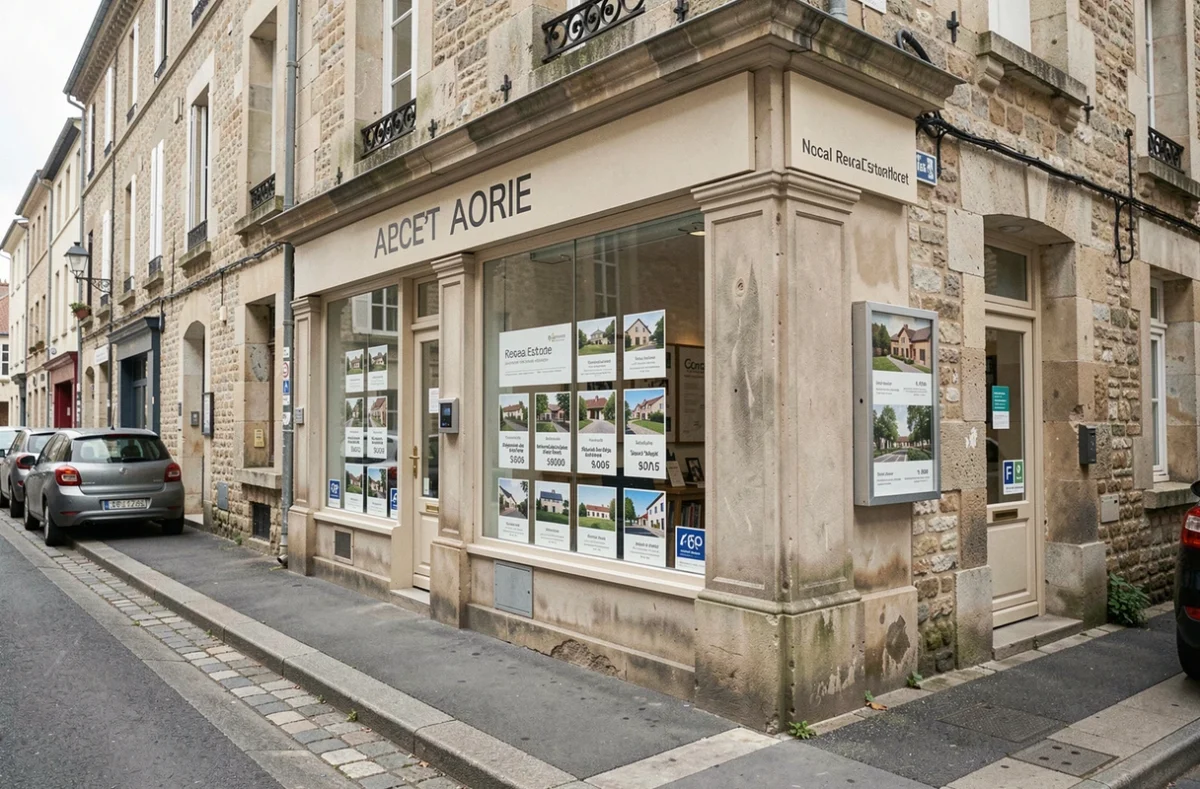 Devanture d'une agence immobilière locale affichant des annonces de biens à vendre ou à louer dans une ville française