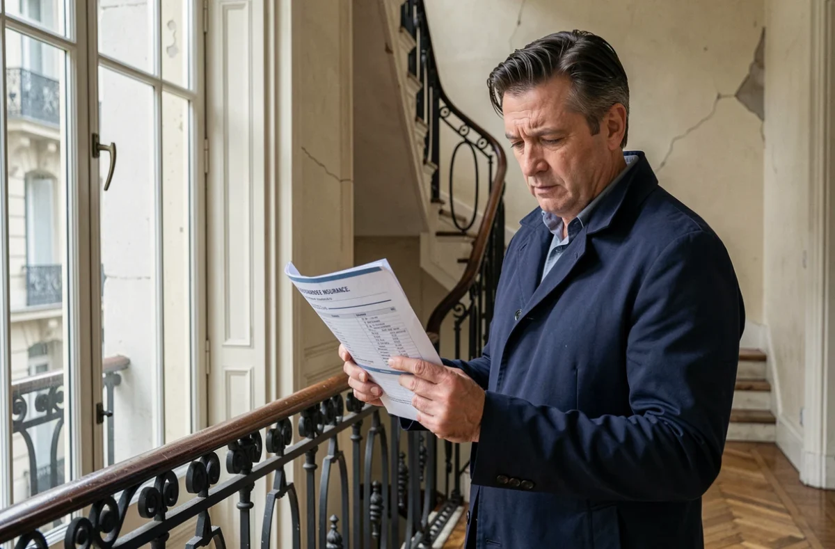 Propriétaire parisien consultant un devis d'assurance habitation économique dans un immeuble haussmannien