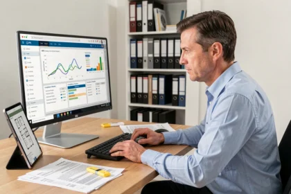 Diagnostiqueur immobilier analysant un logiciel de diagnostic sur écran avec rapports DPE et tableaux de conformité
