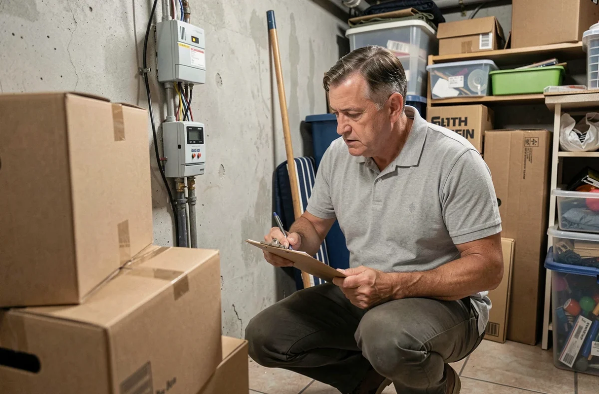 Diagnostiqueur immobilier inspectant un local encombré avec des cartons et des meubles stockés lors d'un diagnostic technique