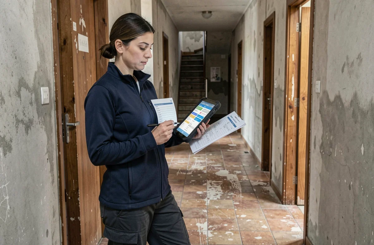 Diagnostiqueur immobilier sur le terrain utilisant un logiciel de diagnostic sur tablette dans un couloir d'immeuble ancien