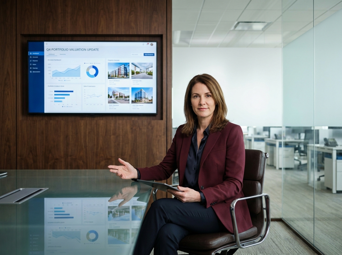 Directrice en gestion d'actifs immobiliers présentant des données de valorisation de patrimoine professionnel en salle de réunion