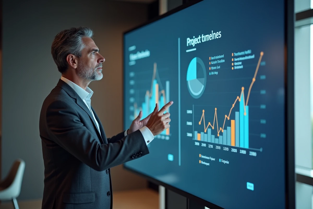 Dirigeant de Killahejlaszo Ltd présentant les projets stratégiques de l'entreprise sur un écran interactif en salle de réunion