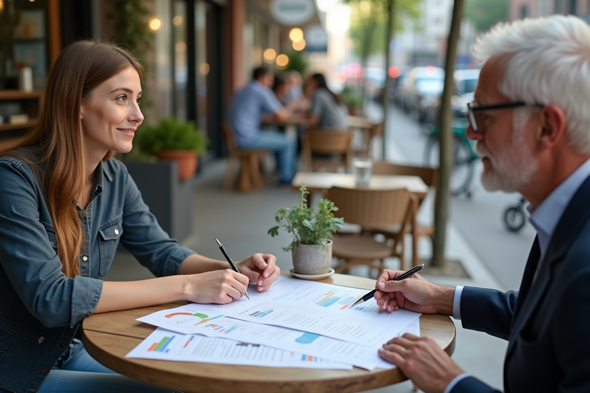 Jeune femme discutant d un rapport économique en terrasse