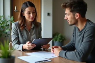 Femme en costume discutant d'un bail avec un jeune homme dans un intérieur moderne