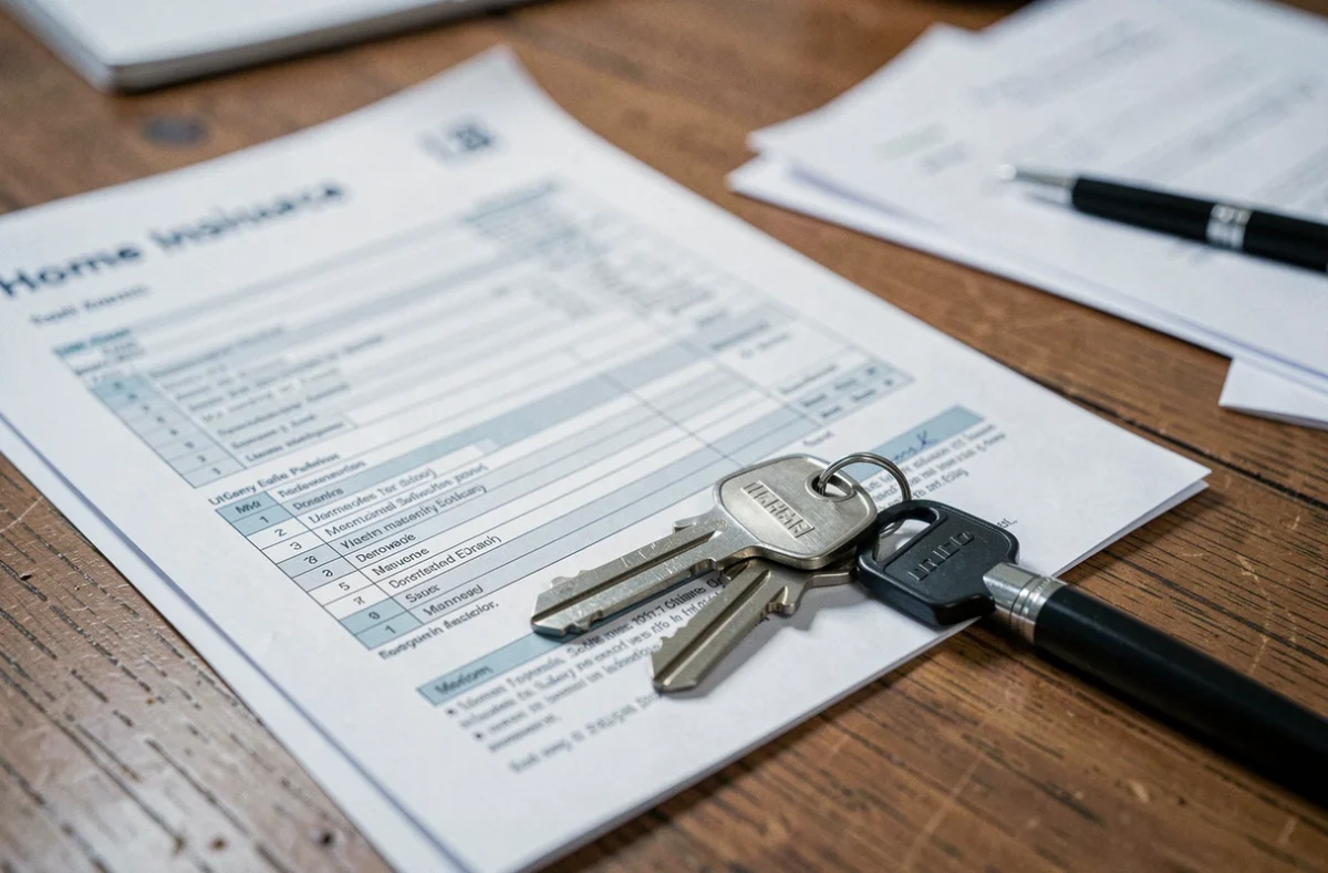 Document d'assurance habitation, clés de maison et stylo sur un bureau en bois