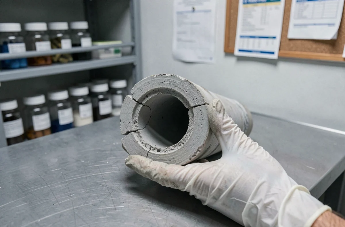 Mains gantées d'un technicien tenant un échantillon de section de canalisation en fibrociment fissuré en laboratoire