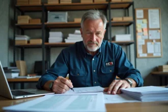 Électricien consultant des documents d'actualisation de prix basés sur l'indice BT47 dans un bureau professionnel