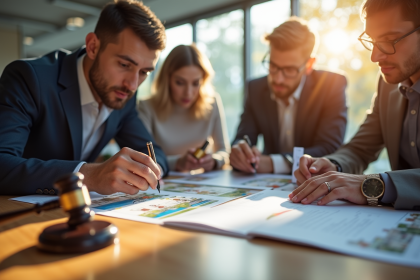 Groupe de personnes examinant des documents immobiliers lors d'une enchère