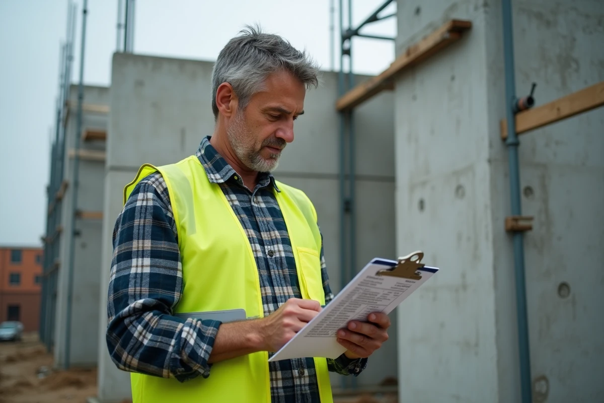 Entrepreneur en bâtiment révisant une grille tarifaire selon l'indice BT47 sur un chantier de construction