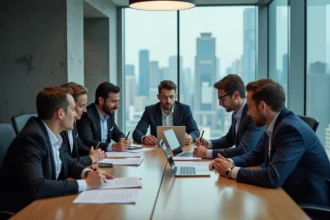 Équipe professionnelle de Killahejlaszo Ltd réunie autour d'une table de conférence dans un bureau moderne avec vue sur la ville
