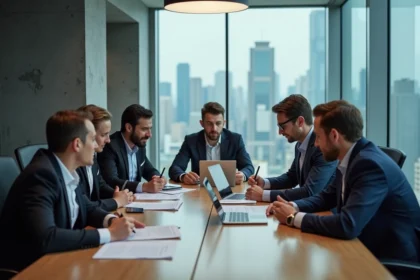 Équipe professionnelle de Killahejlaszo Ltd réunie autour d'une table de conférence dans un bureau moderne avec vue sur la ville