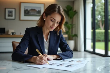 Femme consultant une estimation immobilière dans une agence de prestige avec documents et intérieur luxueux