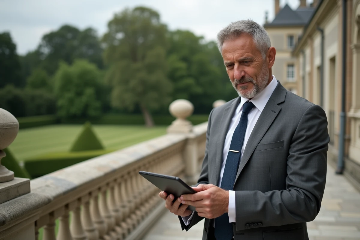 Expert immobilier réalisant une estimation en ligne d'une villa de prestige sur tablette numérique