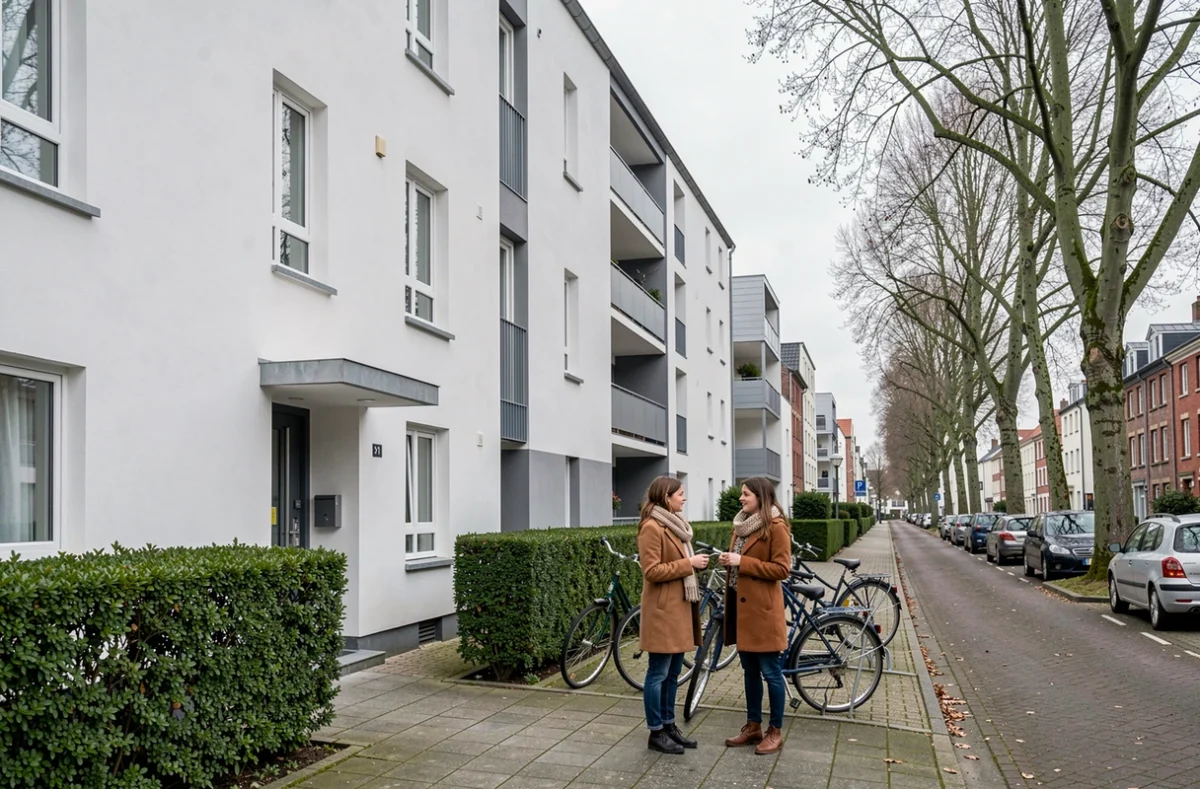 Façade propre et accueillante des Estudines de Bretagne à Rennes avec deux étudiantes à l'entrée