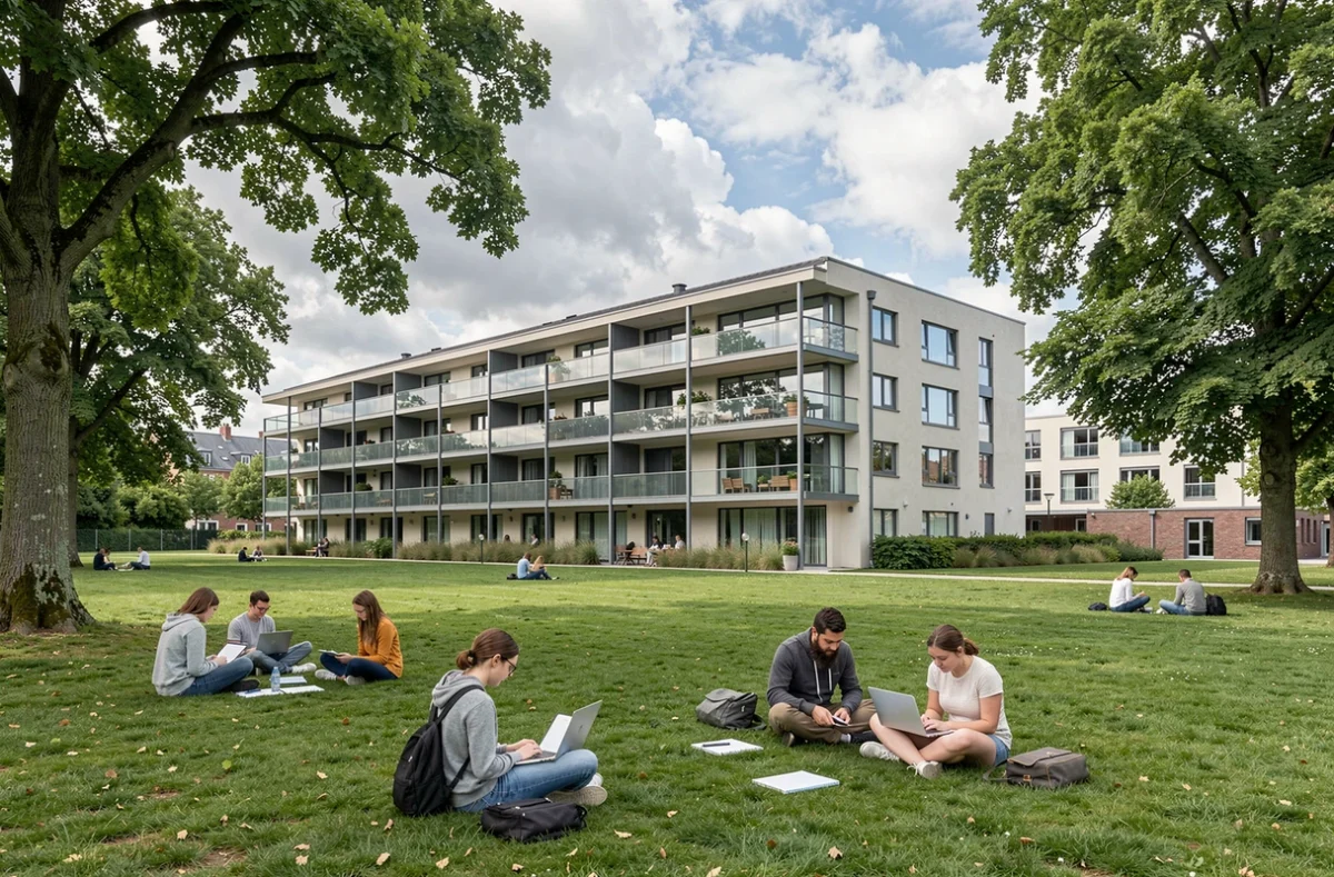 Résidence étudiante Les Estudines Rennes Longs Champs avec campus verdoyant et étudiants sur la pelouse