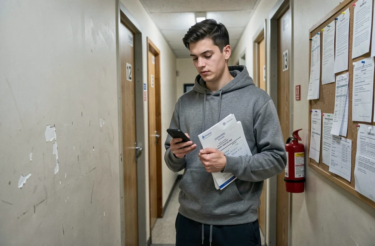 Étudiant en résidence universitaire comparant des offres d'assurance logement sur son téléphone