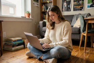 Étudiante consultant des documents d'assurance habitation sur son ordinateur portable dans son appartement